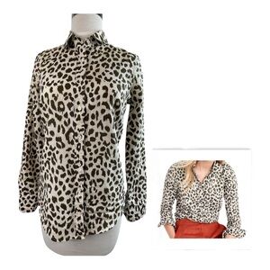 J. Crew Cheetah Print Linen Blend Perfect Button Down Shirt, Size 00 Long Sleeve